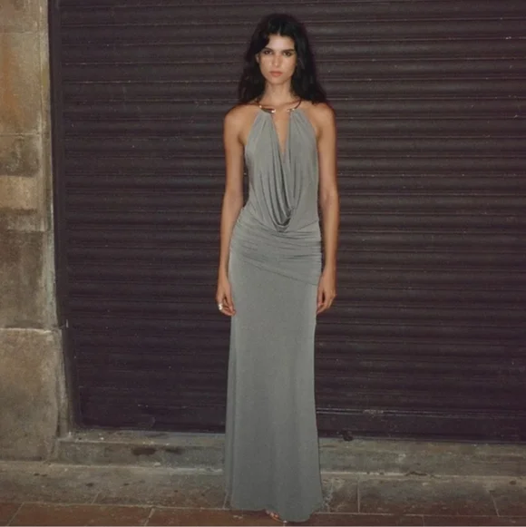 Zara LONG DRESS WITH JEWEL COLLAR Size XL - Picture 8 of 15